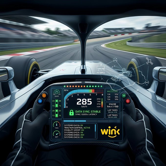 The image shows a person's hands inside a car, holding a steering wheel and looking at a tablet screen displaying information about the car's performance. The tablet screen indicates that the car has a maximum speed of 185 km/h and a data synchronization stable system in place. The person is wearing black gloves while driving the car.