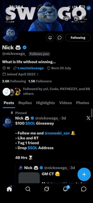 A screenshot of Nick's (@nickswago) Twitter/X profile showing 2.6K Following and 1.5K Followers, featuring a pinned $100 SOL giveaway post. The user appears to be tagging the account in hopes of being selected as a winner by fulfilling the giveaway's follow, like, and retweet requirements, providing their SOL wallet address (BakyXRTtW2cdivHrqoENQhSfaMjGLRgDudV8QSBGcKNf) for prize collection.