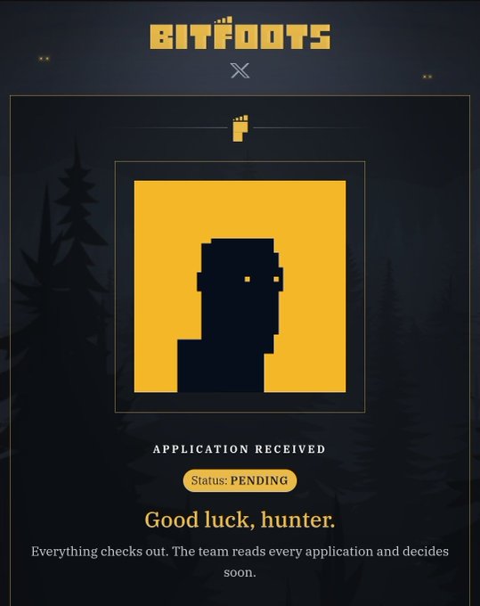 A web interface for 'BITFOOTS' shows a pixel art avatar silhouette against a yellow background, with the text 'APPLICATION RECEIVED', 'Status: PENDING', and the message 'Good luck, hunter.'