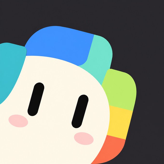 A cute cartoon illustration of a round white character with black oval eyes, pink cheek blushes, and a colorful segmented hat in blue, teal, green, yellow, and orange against a black background.