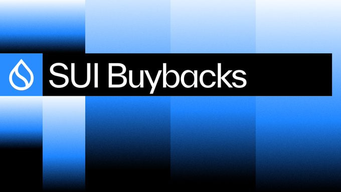The image displays a banner reading "SUI Buybacks" alongside the Sui blockchain's water-drop logo, set against a blue gradient background. It visually represents the post's topic about Sui's buyback mechanism, where revenue generated from gas fees and stablecoin float yields is reinvested back into the ecosystem.