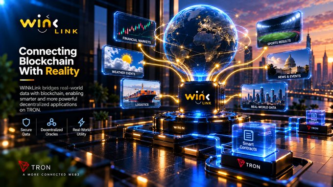 A promotional graphic for WinLink on the TRON network with the tagline 'Connecting Blockchain With Reality,' featuring a futuristic digital globe and screens displaying 'FINANCIAL MARKETS,' 'WEATHER EVENTS,' 'LOGISTICS,' 'SPORTS RESULTS,' 'NEWS & EVENTS,' 'REAL-WORLD DATA,' and 'Smart Contracts.'