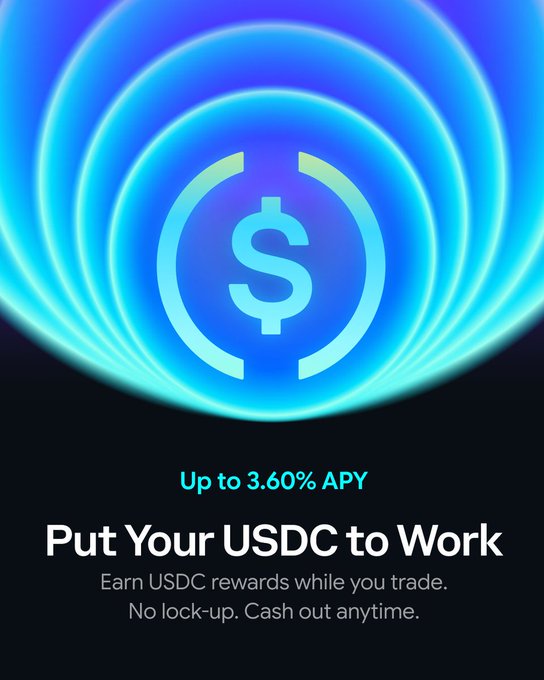 A vibrant blue promotional graphic featuring a glowing USDC coin emblem with the text "Up to 3.60% APY" and the headline "Put Your USDC to Work," inviting users to "Earn USDC rewards while you trade. No lock-up. Cash out anytime." The imagery and messaging align with the post's call to action, highlighting effortless passive earnings on USDC holdings through Coinbase Wallet without interrupting active trading.