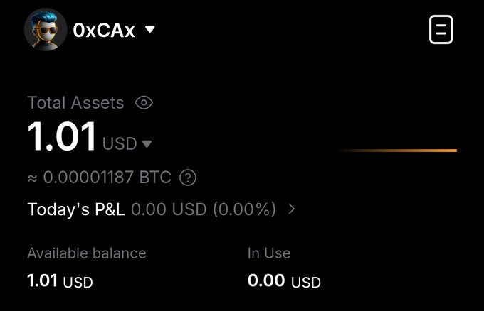 A crypto wallet interface for user "0xCAx" showing Total Assets of 1.01 USD (≈ 0.00001187 BTC), with an Available balance of 1.01 USD and 0.00 USD In Use.