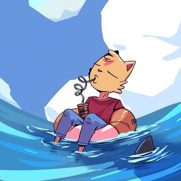 A digital illustration of an orange cat character sitting on a pink flamingo floatie in the ocean, drinking a red beverage with a curly straw.