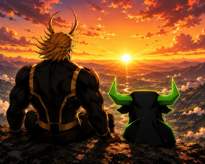 An anime-style illustration showing a muscular character with blonde hair and horns sitting on a rocky cliff beside a small green-horned creature, both watching a vibrant orange sunset over a mountain range.
