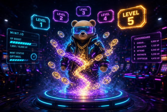 A futuristic teddy bear NFT wearing a studded leather jacket and neon VR goggles stands on a glowing platform surrounded by floating "M" tokens, with visible level badges (Level 1–5), an XP boost progress bar (7,850/10,000 XP), and a leaderboard ranking top players like "WHALEHTR" (7,120 XP) and "NFTMSTR" (5,230 XP). The image visually reinforces the post's message of MintABear as more than a static NFT—it's an evolving character within a gamified ecosystem where players earn XP, mint status remains optimal, and progression unlocks rewards through play, betting, and competition.