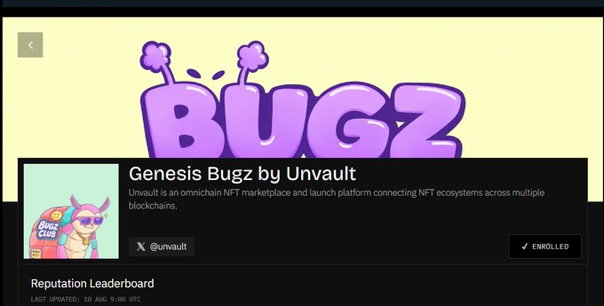A screenshot of a "Genesis Bugz by Unvault" NFT collection page with a "BUGZ" logo, a "Bugz Club" thumbnail, the handle "@unvault", and an "ENROLLED" button.