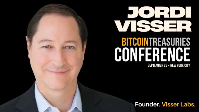 A conference promotional image featuring a man identified as 'JORDI VISSER, Founder, Visser Labs' for the 'BITCOIN TREASURIES CONFERENCE' on 'SEPTEMBER 28 • NEW YORK CITY'.