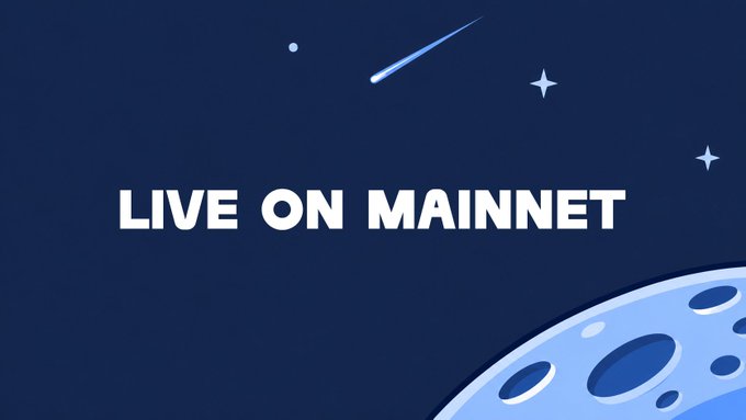 A dark blue graphic with stars and a crescent moon in the corner displaying the text 'LIVE ON MAINNET' in bold white letters.