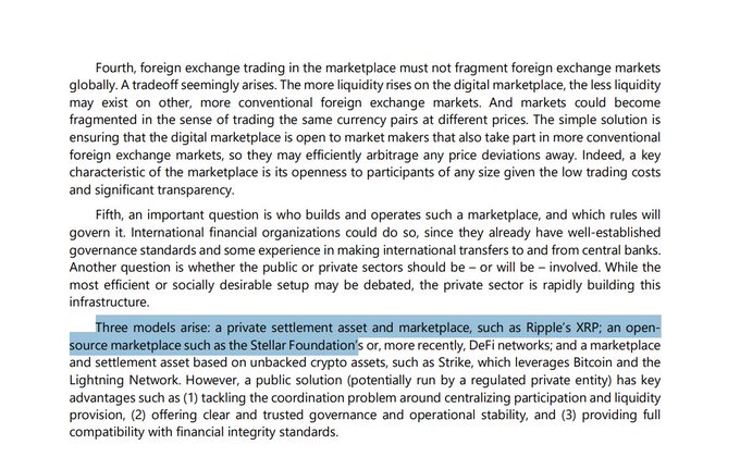 The image shows a page of text with a blue border, which appears to be part of an article discussing the future of cross-border payments. The text includes information about Ripple, a cryptocurrency, and the BIS's report on global FX marketplaces from years ago.