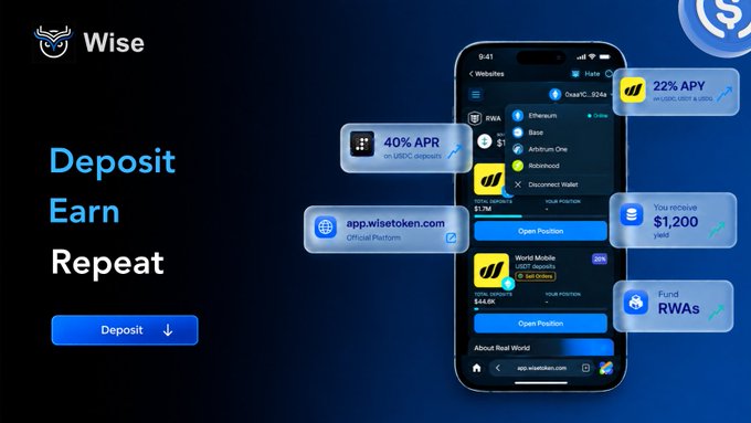 An advertisement for "Wise" cryptocurrency platform shows the tagline "Deposit Earn Repeat" alongside a smartphone interface displaying yield opportunities with "40% APR" and "22% APY" offers for USDC deposits.