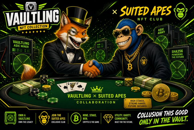 Promotional artwork for a 'VAULTLING x SUITED APES NFT CLUB' collaboration depicting a suited fox and a gold-chain-wearing ape shaking hands across a poker table with chips, cards, and a Bitcoin coin.