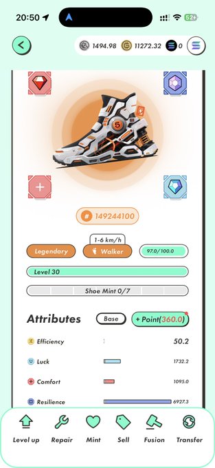 A mobile app screenshot shows a 'Legendary' digital sneaker NFT at Level 30 with attributes including Efficiency, Luck, Comfort, and Resilience. The interface includes tabs for Level up, Repair, Mint, Sell, Fusion, and Transfer.