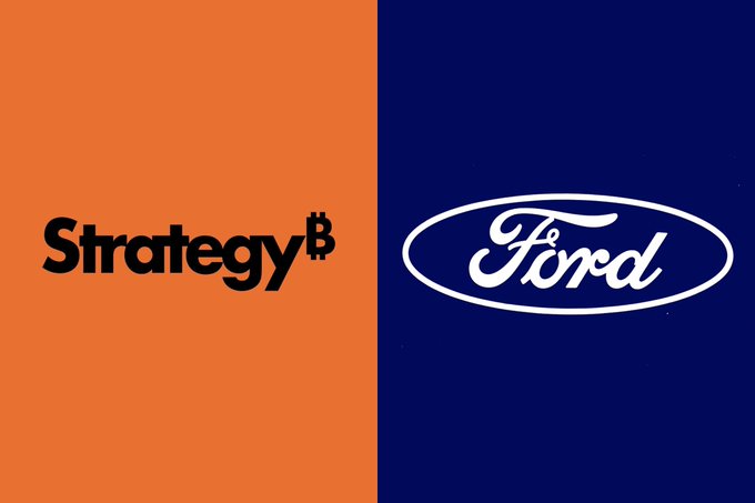 A split-screen graphic with 'Strategy' and its Bitcoin logo on an orange background on the left, and the classic 'Ford' logo on a blue background on the right.