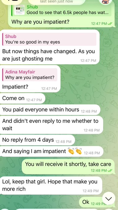 A WhatsApp conversation shows a user named Shub expressing frustration over delayed payment, referencing 6.5k people and ghosting, which connects to the post's request for a USDT BEP20 address to receive $4 in cryptocurrency.