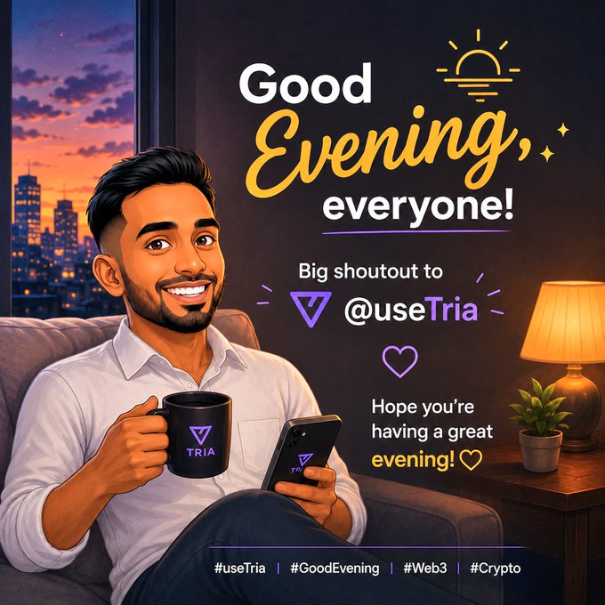 The image features a man sitting comfortably on a couch holding a coffee cup and a cell phone. The background shows an urban cityscape at sunset with buildings illuminated by warm light, creating a serene atmosphere. The caption of the image reads "Good Evening everyone! Hope you're having a relaxing evening. Big shoutout to @useTria One thing I appreciate about Tria is its focus on simplicity. Trade across chains, earn yields, spend with Visa cards, and enjoy a gasless experience while keeping full control of your".