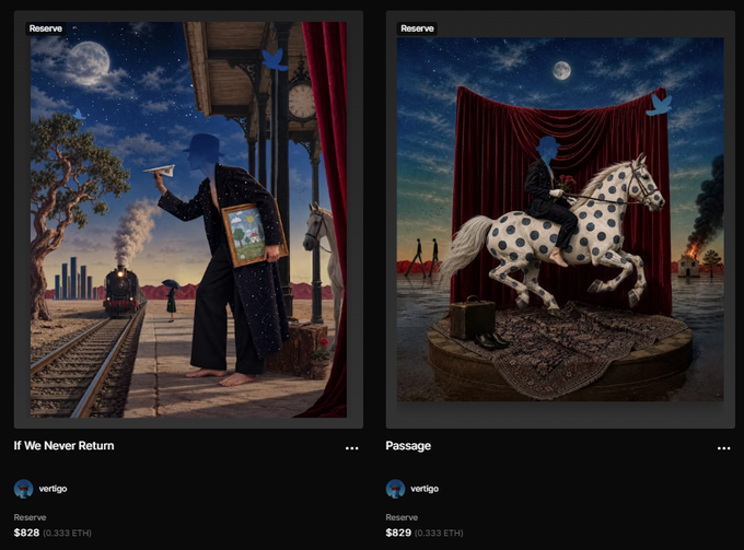 Two NFT listings from Vertigo titled 'If We Never Return' and 'Passage' priced at $828 and $829 respectively, featuring surreal digital art with figures in suits.