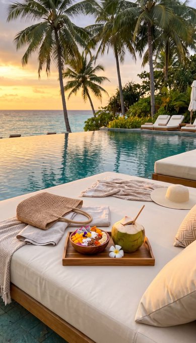 A luxurious poolside cabana at sunset features a daybed with a woven beach bag, sun hat, fresh coconut drink, and a tray of tropical fruit, framed by palm trees and ocean views. The serene, paradise-like setting evokes the calm and steady support that $BDX provides to the Beldex network—quietly sustaining the ecosystem much like the tranquil backdrop keeps the scene alive behind the scenes.