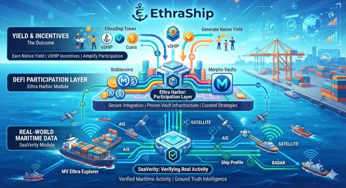 Diagram illustrating the 'EthraShip' ecosystem, featuring the EthraShip Token, Yield & Incentives, DeFi Participation Layer (Ethra Harbor Module), and Real-World Maritime Data (SeaVerity Module) with ships, satellites, and AIS/Radar verification.
