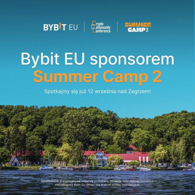 A promotional graphic announces that Bybit EU sponsors the KryptoEkipa “Summer Camp 2,” inviting attendees to meet on September 12 by Zegrze for networking, yachts and kayaks, sports, and KryptoEkipa’s 7th-anniversary celebration.
