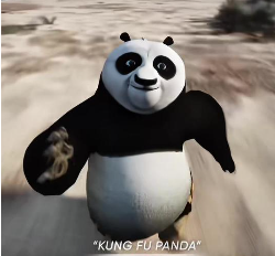 A panda character from 'KUNG FU PANDA' running toward the camera, with a small monkey character on its arm, set in a desert landscape.
