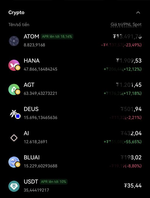 A cryptocurrency portfolio screen in Vietnamese showing tokens like ATOM, HANA, AGT, DEUS, AI, BLUAI, and USDT with their values and PNL percentages in green and red.