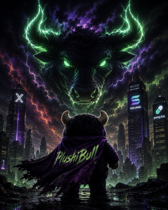 A shadowy bull with glowing green eyes and lightning-bolt horns looms over a dark cityscape labeled "X," "SOLANA," and "pump.fun," while a small plush bull mascot wearing a torn purple cape marked "PlushiBull" stands defiantly in the foreground, tying into the launch of $PLUSH on pump.fun as a degen community airdrop play tied to the $ANSEM black bull.