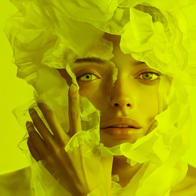 A close-up artistic portrait of a woman with green eyes surrounded by crumpled bright yellow tissue paper, which she touches with her hand.