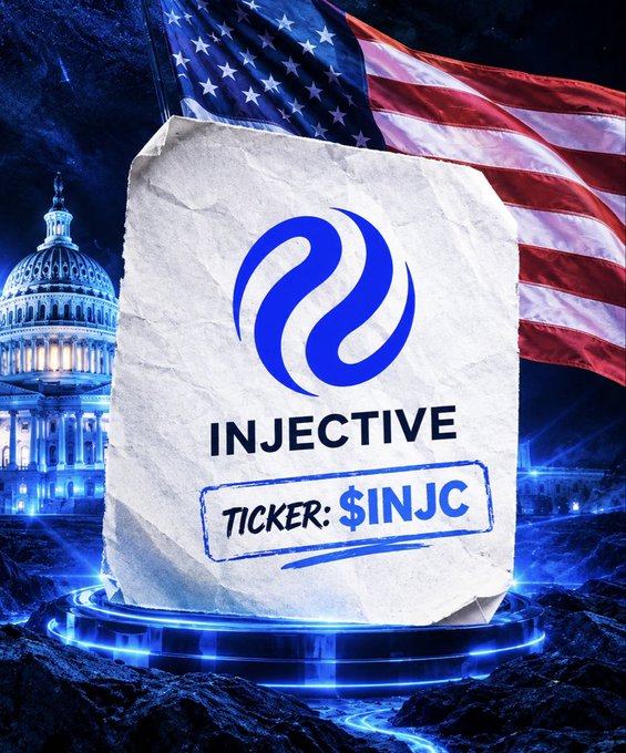 A promotional graphic featuring a crumpled paper displaying the Injective logo and ticker symbol '$INJC', set against a backdrop of the U.S. Capitol building and American flag.