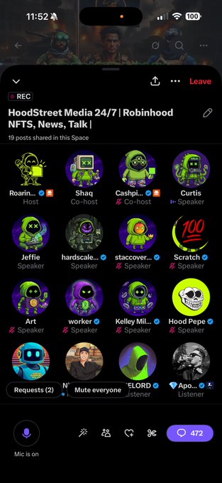 A screenshot of a Twitter Spaces audio room titled 'HoodStreet Media 24/7 | Robinhood NFTS, News, Talk' with various speaker avatars including Roarin, Shaq, Cashph..., Curtis, Jeffie, hardscale..., stacover..., Scratch, Art, worker, Kelley Mi..., and Hood Pepe.