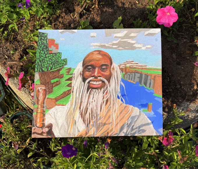 A painted portrait of a smiling Black man with long white dreadlocks and beard, holding a carved staff, set against a Minecraft-style landscape, resting on garden soil surrounded by pink and purple flowers.