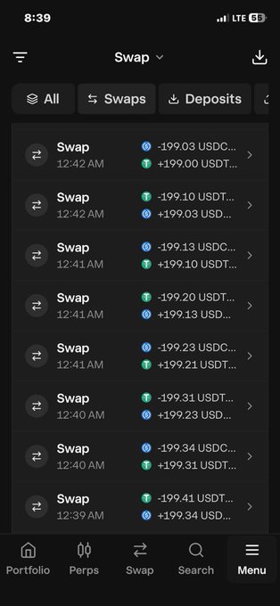 A mobile phone screenshot of a crypto swap transaction history showing multiple USDC to USDT swaps around 12:39-12:42 AM.