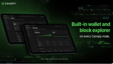 A promotional image for Canopy featuring two dashboard mockups displaying Tokens and Dashboard interfaces, with text highlighting a 'Built-in wallet and block explorer on every Canopy node' against a dark green digital background.