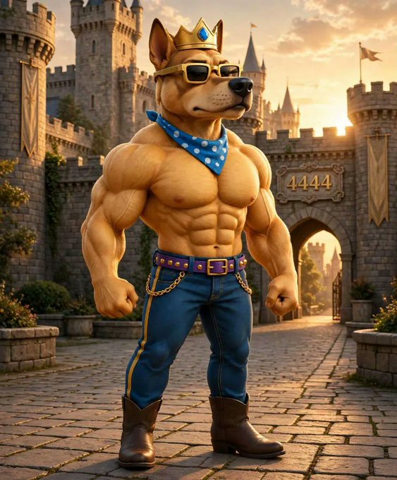 An anthropomorphic Shiba Inu dog wearing a gold crown, sunglasses, a blue polka-dot bandana, jeans, and boots, displaying a highly muscular physique while standing in front of a castle with '4444' written above the gate.