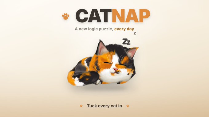 The image features the "CATNAP" logo with a paw print icon and the tagline "A new logic puzzle, every day," showcasing a sleeping calico kitten with "Zz" above its head and the instruction "Tuck every cat in" below—visually representing the cozy puzzle game's theme as promoted in the Gala Games announcement.