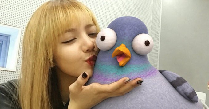 A woman with long blonde hair and bangs kissing a large purple pigeon plush toy with big googly eyes, likely Lisa from BLACKPINK in a promotional photo.