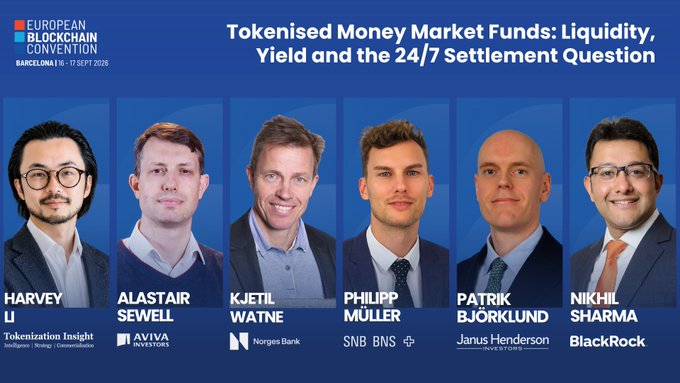 Banner for the 'European Blockchain Convention' panel titled 'Tokenised Money Market Funds: Liquidity, Yield and the 24/7 Settlement Question,' featuring headshots of six speakers including representatives from Tokenisation Insight, Aviva Investors, Norges Bank, SNB, Janus Henderson, and BlackRock.