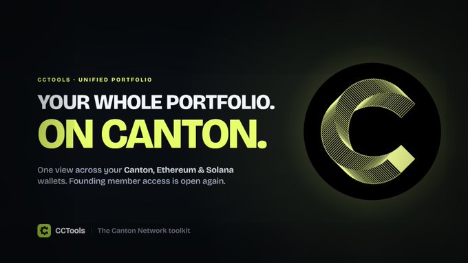 A promotional graphic for CCTools Unified Portfolio on Canton, advertising a single view across Canton, Ethereum, and Solana wallets with a large green 'C' logo.
