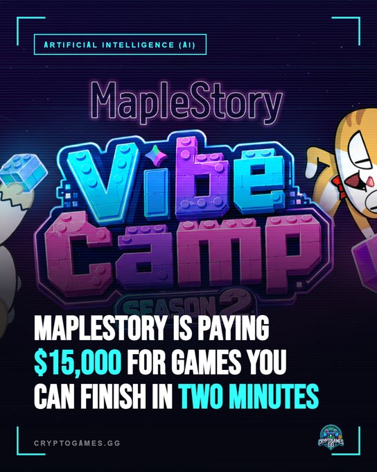 A promotional graphic for "MapleStory Vibe Camp" featuring the event's colorful blocky logo and a character, with text announcing that MapleStory is paying $15,000 for games you can finish in two minutes, and showing the "Artificial Intelligence (AI)" label at the top, directly tying into the post's mention of Vibe Camp 2's AI game design competition with $15k NXPC prizes.