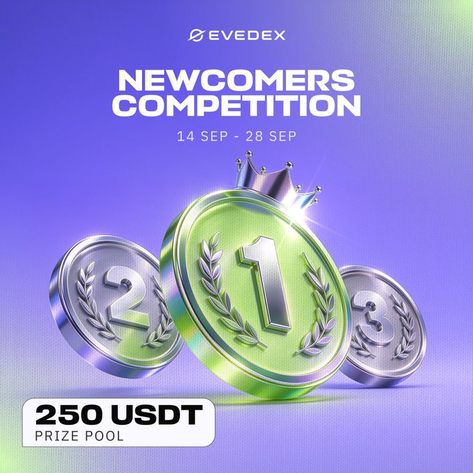 The promotional graphic for EVEDEX's Newcomers Competition displays a gold "1" winner's medal topped with a crown, flanked by silver "2" and "3" medals, advertising a 250 USDT prize pool running from Sep 14-28, matching the post's announcement of a top-three trading competition for new users.