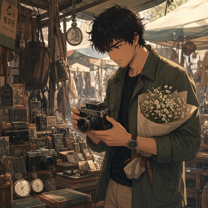 An anime-style illustration of a young man with messy black hair holding a camera and a bouquet of white flowers at a market stall filled with vintage cameras and watches.