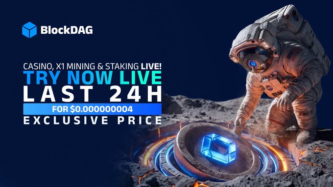A promotional graphic for BlockDAG featuring an astronaut kneeling on a lunar surface, examining a glowing blue BlockDAG cube embedded in a futuristic circular hatch. The ad highlights "CASINO, X1 MINING & STAKING LIVE!" and emphasizes the "LAST 24H" exclusive price of $0.000000004, tying the cosmic imagery to the crypto project's ecosystem offerings.