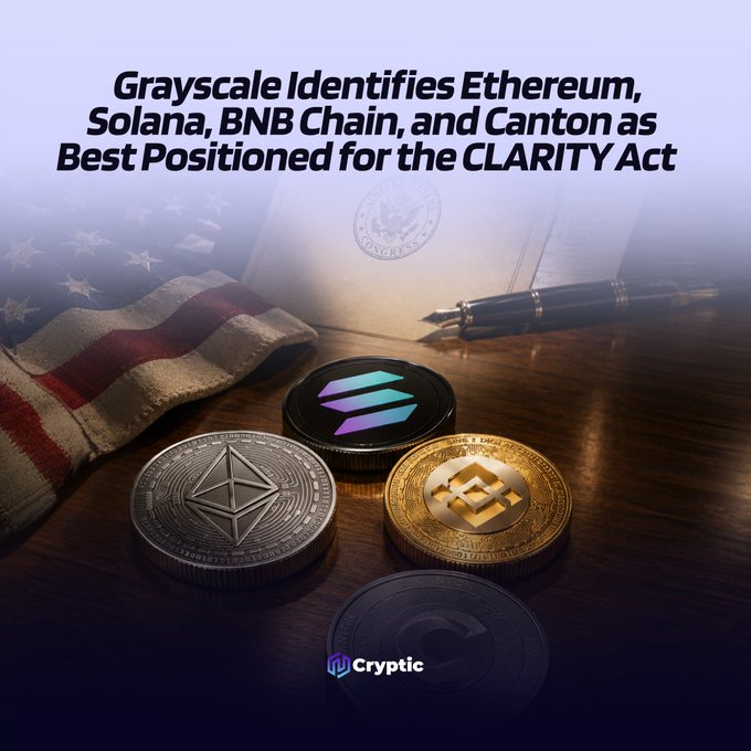 The image features a collection of coins, including a gold coin with a blue and purple design, a silver coin with a red and white design, and another gold coin with a black and white design. The coins are arranged on a wooden surface, possibly a desk or table. In front of the coins is an American flag, adding to the theme of the image. The caption below the image reads: "UPDATE: @Grayscale says @ethereum, @solana, @BNBCHAIN, and @CantonNetwork are best positioned to benefit from the proposed CLARITY Act."