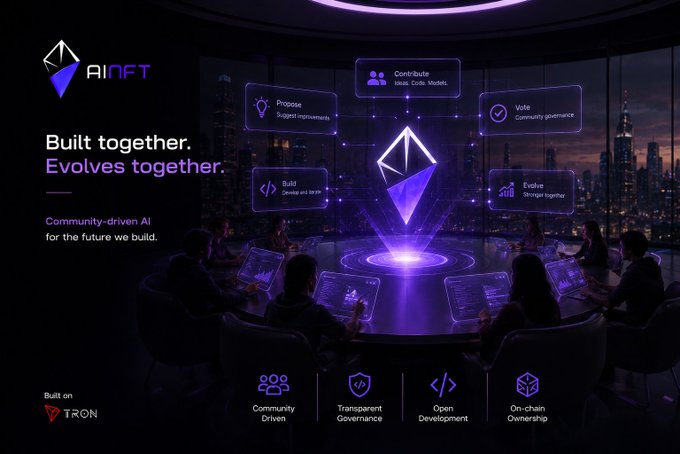 AINFT promotional graphic featuring 'Built together. Evolves together.' with 'Community-driven AI for the future we build,' showing icons for Propose, Contribute, Vote, Build, and Evolve, with 'Built on TRON' and pillars: Community Driven, Transparent Governance, Open Development, On-chain Ownership.
