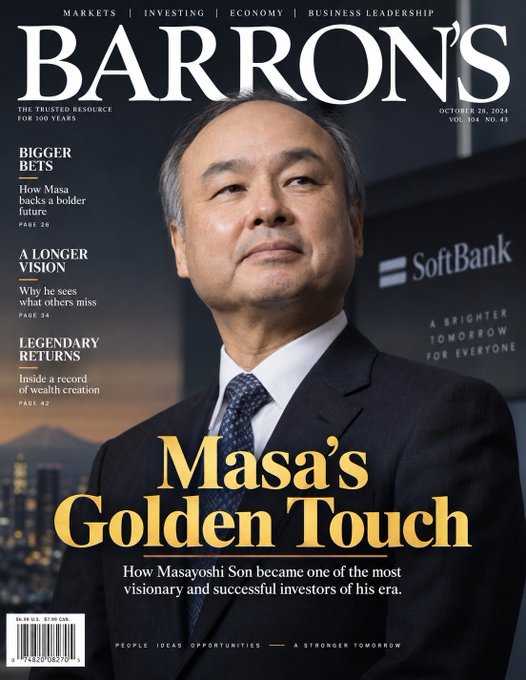 The October 28, 2024 cover of Barron's magazine featuring Masayoshi Son with the headline 'Masa's Golden Touch: How Masayoshi Son became one of the most visionary and successful investors of his era.'
