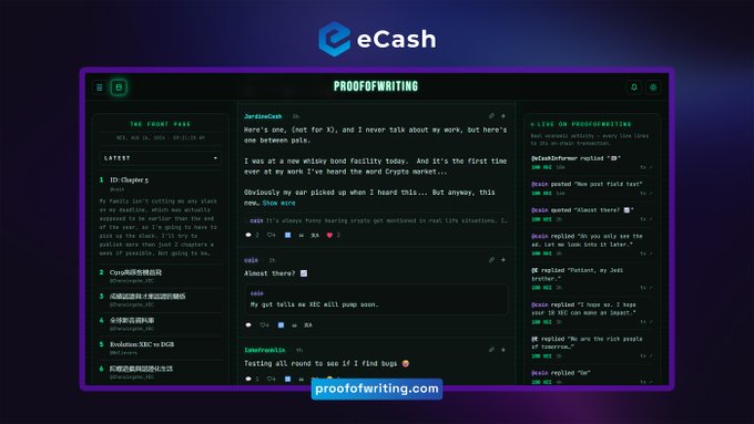 A dark-themed website interface for 'proofofwriting.com' displaying chapters, comments on a crypto bounty story, and an eCash logo at the top.