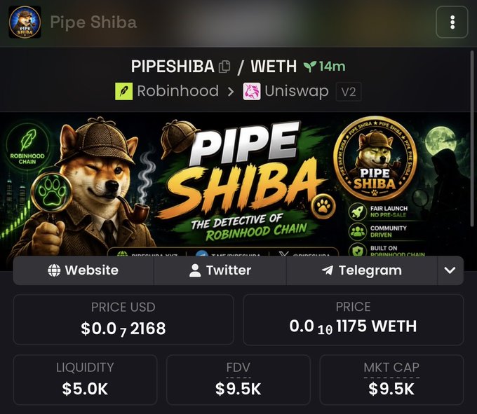 Crypto tracker page showing the PIPESHIBA/WETH token pair on Uniswap V2 (Robinhood Chain), with a detective-themed Shiba Inu logo. Price is $0.072168 USD / 0.101175 WETH, with $5.0K liquidity and $9.5K FDV/Market Cap.