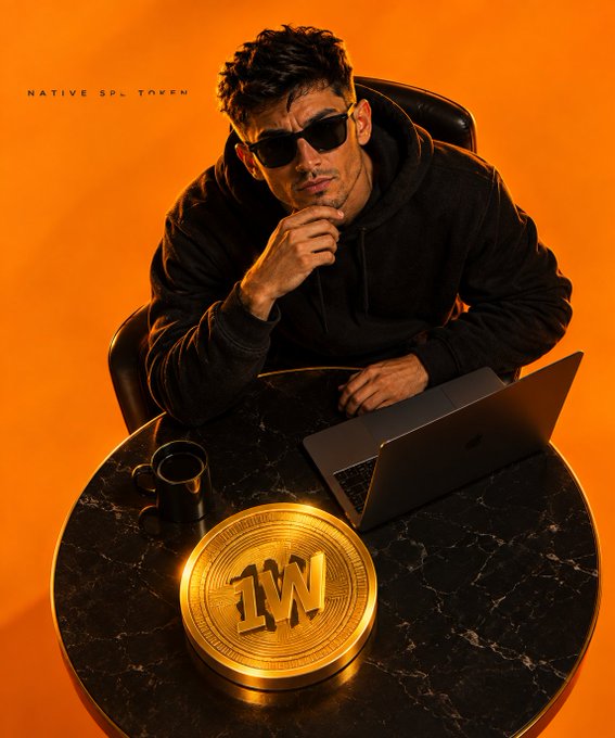 A promotional image for the "NATIVE SPL TOKEN" showing a man in sunglasses seated at a marble table with a laptop and a large gold coin marked "1W" against an orange background.