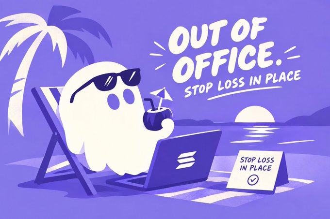 A purple-toned illustration of a ghost wearing sunglasses lounging on a beach chair with a coconut drink and laptop, accompanied by the text 'OUT OF OFFICE - STOP LOSS IN PLACE' and a smaller sign reading 'STOP LOSS IN PLACE'.